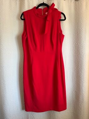 Calvin Klein Sleeveless Red Midi Sheath Dress with Neck Tie